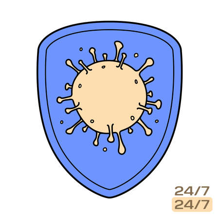 Shield with Coronavirus, icon isolated on white background. Sketch drawing of virus pandemic for healthcare, immune system illustration. Secure and protection icon symbol. Vectorのイラスト素材