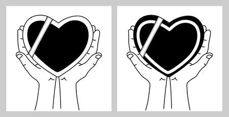 Men's hands hold black heart with white ribbon. Symbol of sadness and mourning. Parting with loved one. Farewell and eternal memory. Broken grieving heart. Card for sad event. Sketch, linear drawingのイラスト素材