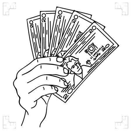 Hand hold a banknotes. Trading or Game bet. Winning the game. Black accounting. Business concept, wealthy, cash payment, trading or bribe. Line art business-finance. vectorのイラスト素材