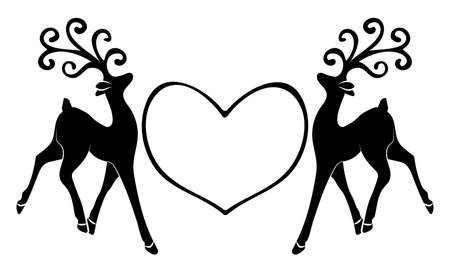 Heart and two elegant silhouettes deer with beautiful antlers. Design element for weddings, love story decoration, memory diaries, celebration invitations. merry christmas and happy new year symbolsのイラスト素材