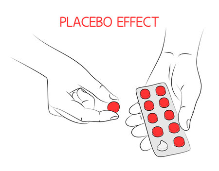 placebo effect. Hand holds tablets in blister pack. Choice between taking or not taking pills. Medical, treatment and healthcare concept. Pharmacy help, medicine drug. Sketch, editable linear drawingのイラスト素材