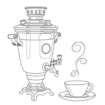 Samovar and cup with hot tea. Old obsolete item of national cuisine. Metal large kettle used to heat and boil water. Russian traditional national cuisine. Sketch, editable linear contour drawingのイラスト素材