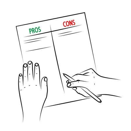 Pros and cons concept of decision making process. Listing positive and negative arguments for business decision or choice. Plus and minus analysis to consider benefits. Sketch, editable linear drawingのイラスト素材
