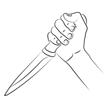 Hand holding knife on white background. Hand holds large knife in an aggressive attack gesture. Assault, committing crime. Use for print, poster, tattoo, news headlinesのイラスト素材
