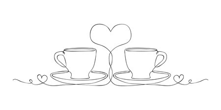Silhouette of two tea couple with heart between them. One continuous line drawing. Mug and saucer for tea, coffee and hot drinks. Joint drinking of tea, sincere conversation, feeling of love. Sketchのイラスト素材