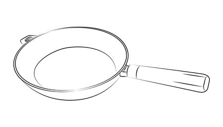 Round deep frying pan. Cast iron skillet with wooden handle. Ecological and safe cooking utensils. Use for menu design in restaurant, cafe. Sketch, linear contour drawing in minimalist styleのイラスト素材