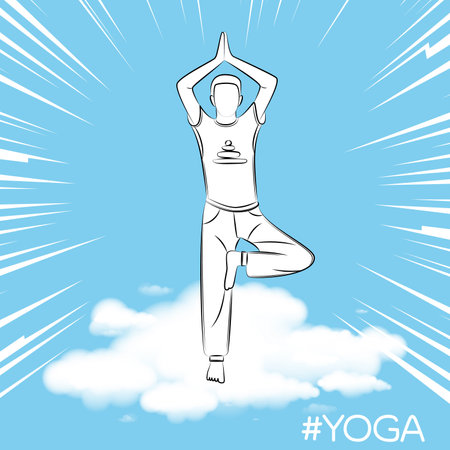 Concept of a person in spiritual balance. Meditation, an enlightened state of mind. Man in simple asana standing on white clouds. Regular practice of yoga for physical health of body and inner harmonyのイラスト素材