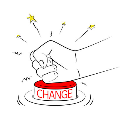 Man presses CHANGE button with his fist. Personal development and career growth. Readiness for changes in life. Decision to start a new life. Concept of change management. Sketchのイラスト素材