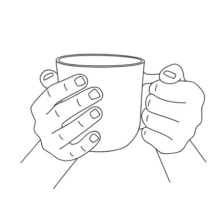 Female hands cozy holding large cup with tea or coffee. Sketch, linear drawing. Beautiful hand holding mug with hot beverage. Morning cup of coffeeのイラスト素材