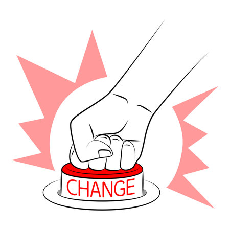 Man presses CHANGE button with his fist. Personal development and career growth. Readiness for changes in life. Decision to start a new life. Concept of change management. Sketchのイラスト素材