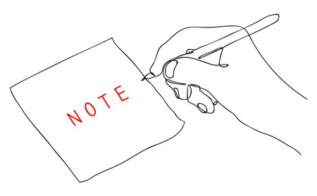 Note. Continuous One Line drawing of hands writing message on paper sticker. Note for business or office. Sketch in minimalist style. Editable hand drawn contour. Vectorのイラスト素材