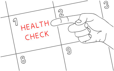 HEALTH CHECK. Line drawing of mans hand pointing health care note in calendar. Memo of health lifestyle on calendar page. Editable hand drawn contour. Vectorのイラスト素材