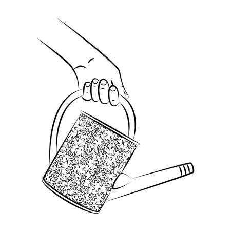 Hand holding an old metal garden watering can. Gardening tool, agricultural implement used in horticulture and plant cultivation. Care for seedlings. Sketch, linear drawingのイラスト素材