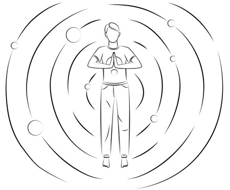 Concept of a person in spiritual balance. Meditation, an enlightened state of mind. Man stands in simple asana. Regular practice of yogaのイラスト素材