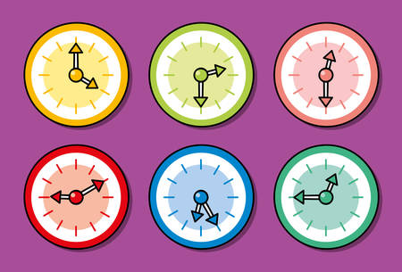 Colorful clocks showing different timesのイラスト素材