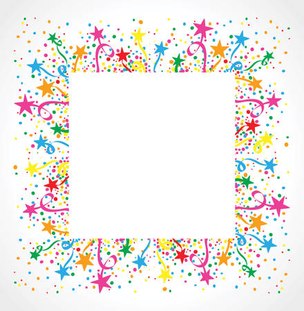 White background with confetti and colorful stars around the white space for text. Ideal for party and birthday cardsのイラスト素材