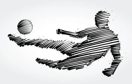 Soccer player jumping to kick the ball made of black brushstrokes.のイラスト素材