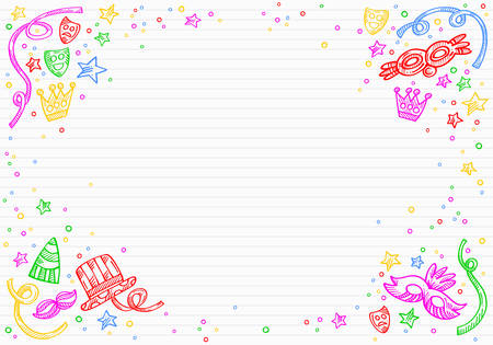 White carnival background with doodles of masks, confetti and stars around a space to write over a paper of letterのイラスト素材