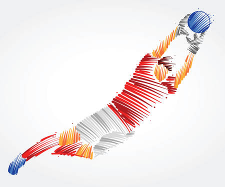 Russian goalkeeper flying to the ball made of colorful brushstrokes on light backgroundのイラスト素材