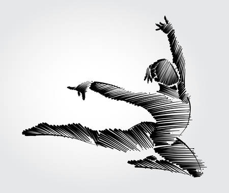 Athlete female gymnast jumping forward in graceful motion. Drawing with black brush strokes in sketch-shape on light backgroundのイラスト素材