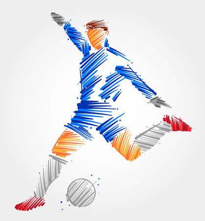 Goalkeeper running to kick the ball away, made in blue and grayscale brush strokes on light backgroundのイラスト素材