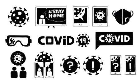 Set of handmade coronavirus icons in black on white background