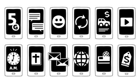 Black and white doodle icons of mobile devices over clear backgroundのイラスト素材