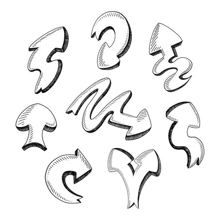 Set of arrows in a children's drawing style in black and whiteのイラスト素材
