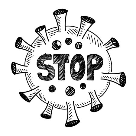 Simple drawing of the virus written stop inside in black and white draft styleのイラスト素材