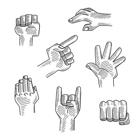Group of hand drawings in different positions with black stroke on white backgroundのイラスト素材
