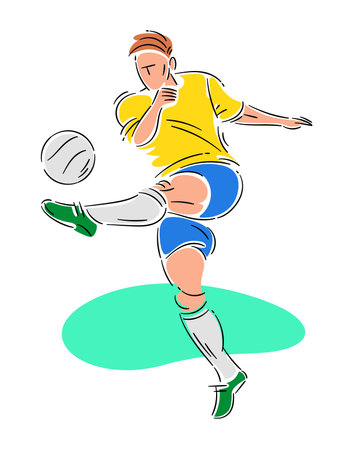Brazil soccer player kicking the ball. Colored drawing with simple strokes.のイラスト素材