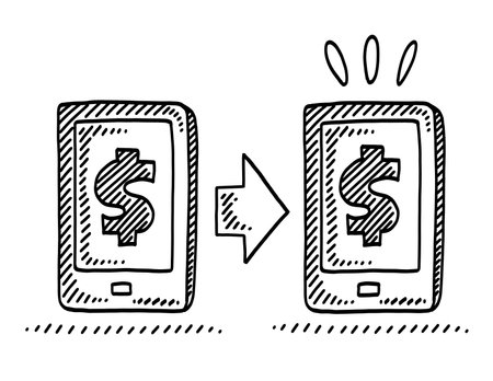 Drawing of two cell phones showing money passing from one to anotherのイラスト素材