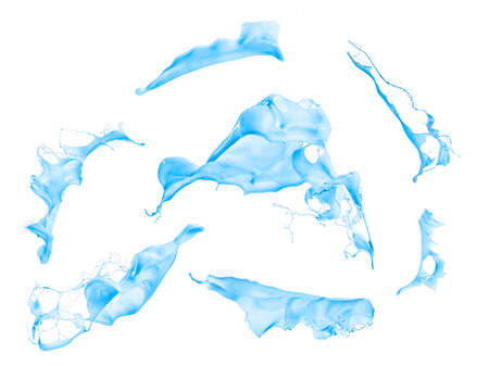 collection of blue paint splashes isolated on white backgroundの写真素材