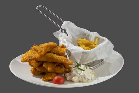 chicken, meat, breaded, fried, bread crumbs, potatoes, salad, mayonnaise, food, cooking, harmful, diet, dinner, lunch, delicious, thick, tasty, crunchy, garnish, golden, cholesterol, lunch, eatingの写真素材