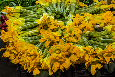 Beautiful collection of fresh zucchini together with the blossomsの写真素材