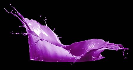 purple paint splash isolated on black backgroundの写真素材