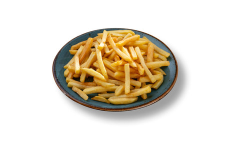 Delicious classic baked fried potatoes sticks with vintage style plate