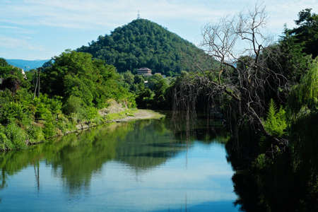 River against the background of a mountainの写真素材
