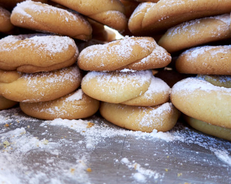 delicious Greek traditional round cookies with icing sugar