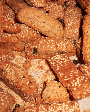 Greek traditional sesame and raisins cookies closeup