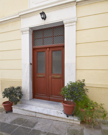 elegant house door and flowerpots, Athens Greeceのeditorial素材