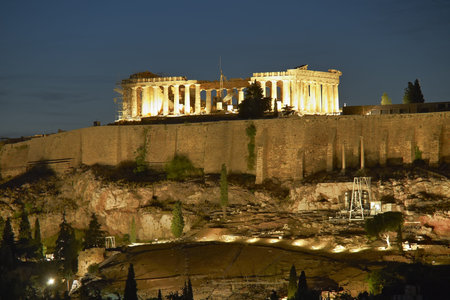 Parthenon illuminated, Acropolis of Athens, Greeceの写真素材