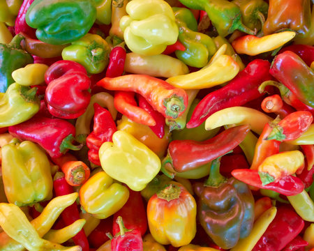 variety of colorful peppers, natural backgroundの写真素材