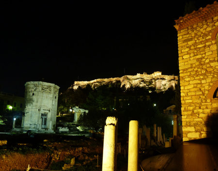 the winds tower under Acropolis, night sceneryの写真素材