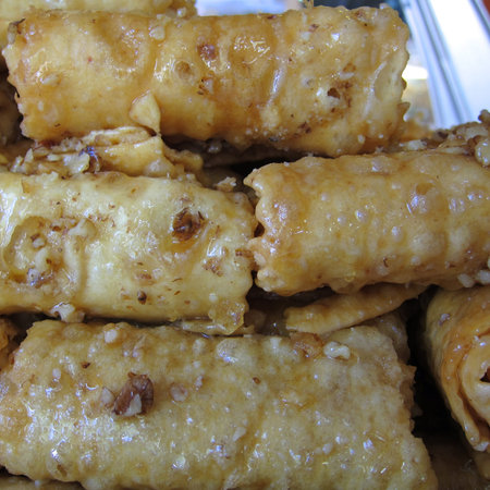 Diples, Greek honey curls with honey syrup and walnutsの写真素材