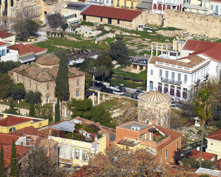 the roman forum  and old houses under Acropolis, Athens Greeceの写真素材