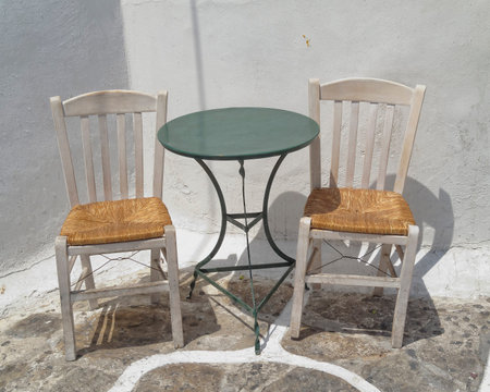 chairs and table, traditional cofeehouse, Greeceの写真素材