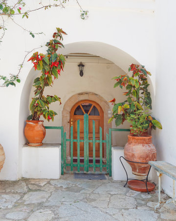 house door and flowerpots in a Mediterranean islandの写真素材