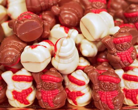 chocolate snowmans closeup, festive backgroundの写真素材