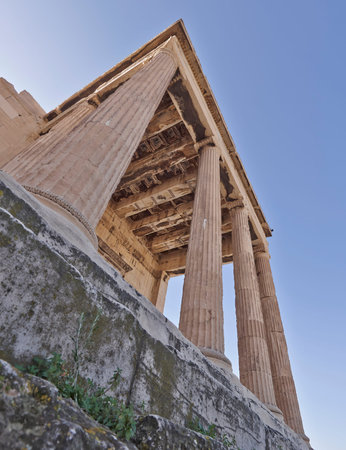 sied perspective, unusual view of ancient greek temple, Athens acropolis